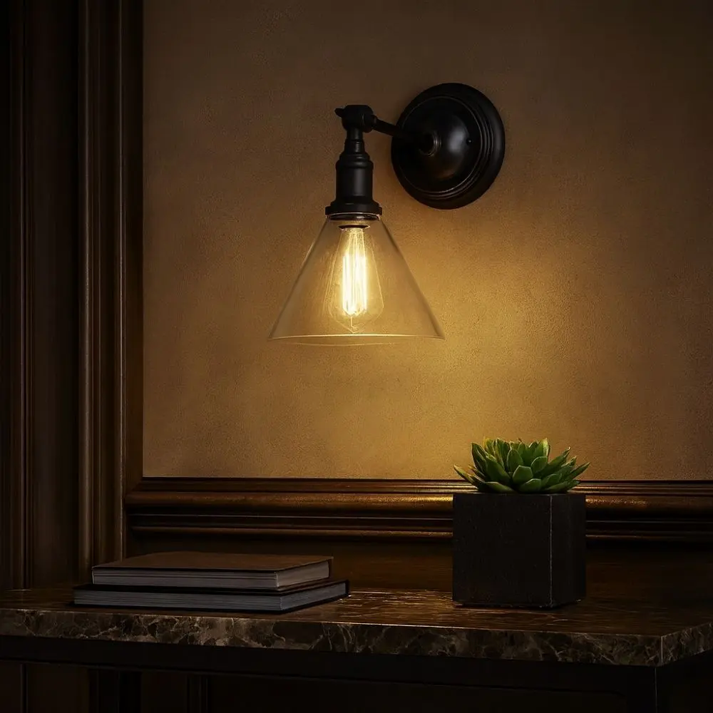 Vintage-style wall sconce with clear glass cone shade and matte black base.