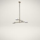 Modern brass chandelier with four angled white metal dome shades.