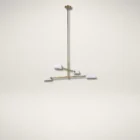 Modern brass chandelier with four angled white metal dome shades.