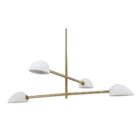 Modern brass chandelier with four angled white metal dome shades.