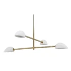 Modern brass chandelier with four angled white metal dome shades.