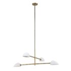 Modern brass chandelier with four angled white metal dome shades.