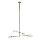 Modern brass chandelier with four angled white metal dome shades.