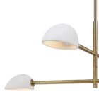 Modern brass chandelier with four angled white metal dome shades.