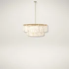 Sunpan Apsara Chandelier with layered natural shell panels and a brushed gold frame.