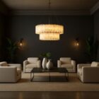 Sunpan Apsara Chandelier with layered natural shell panels and a brushed gold frame.