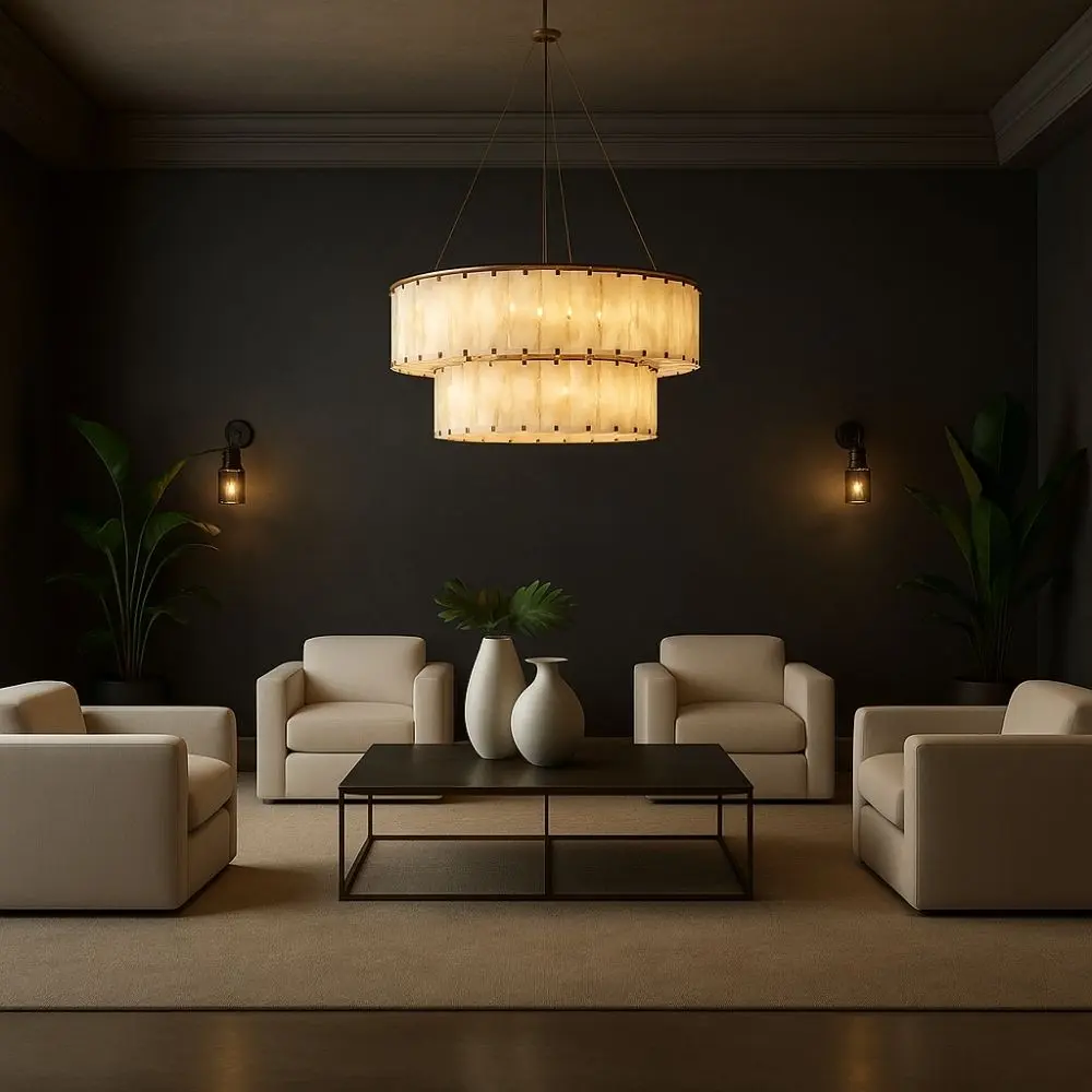 Sunpan Apsara Chandelier with layered natural shell panels and a brushed gold frame.