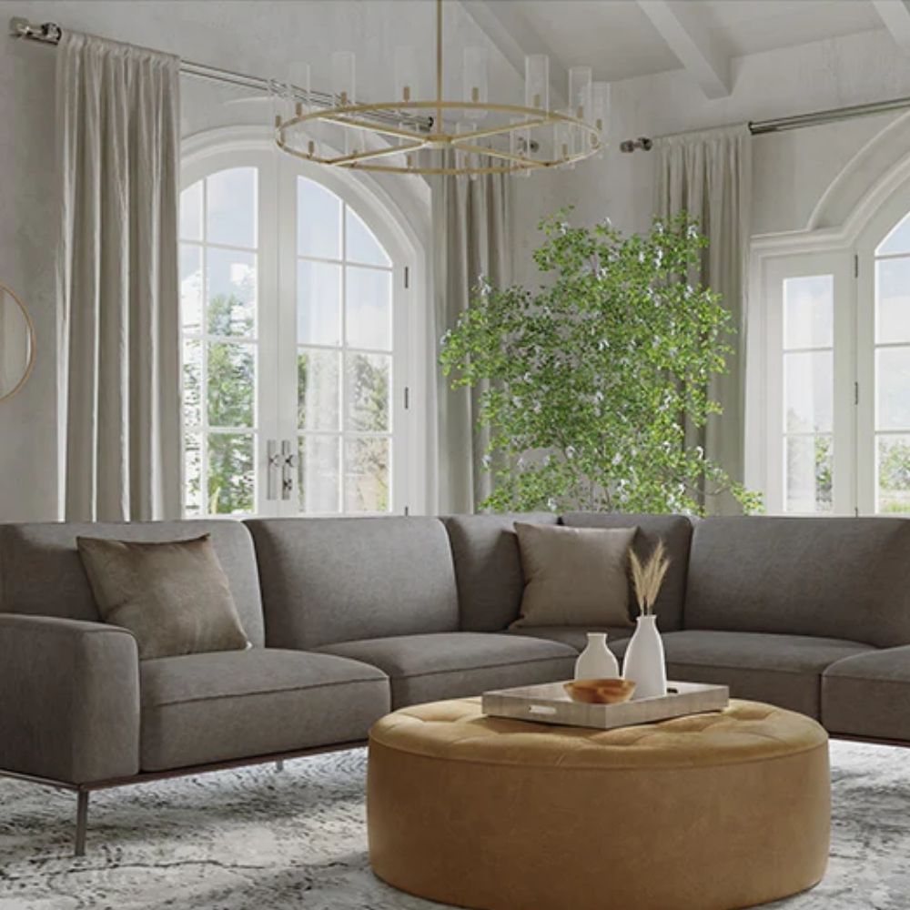 Sunpan Clarabelle Chandelier with clear cylindrical glass shades and a brushed gold frame.