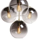 Sunpan Kamara Chandelier with four smoked glass globe shades and a brushed gold frame.