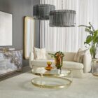 Sunpan Kore Small Chandelier with vertical ribbed metal panels in a brushed silver finish.