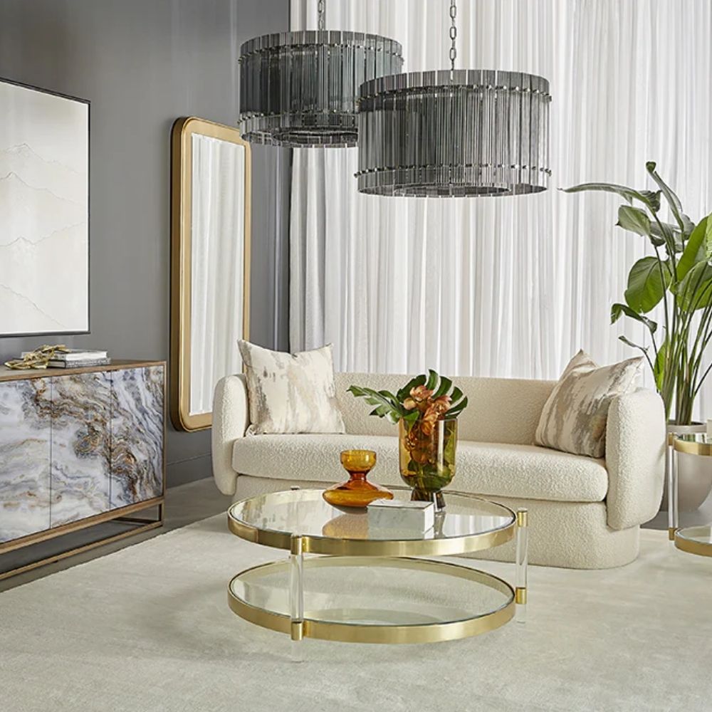 Sunpan Kore Small Chandelier with vertical ribbed metal panels in a brushed silver finish.