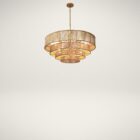 Tiered chandelier with cascading concentric rings wrapped in natural jute string and suspended from a gold rod and canopy.