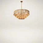 Tiered chandelier with cascading concentric rings wrapped in natural jute string and suspended from a gold rod and canopy.