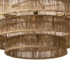 Tiered chandelier with cascading concentric rings wrapped in natural jute string and suspended from a gold rod and canopy.