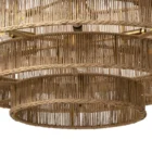 Tiered chandelier with cascading concentric rings wrapped in natural jute string and suspended from a gold rod and canopy.