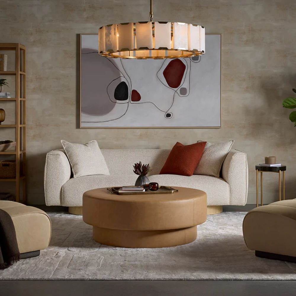 Sunpan Rovira Chandelier with rectangular alabaster-style panels and a brushed gold frame.