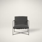 A modern lounge chair featuring a slim black metal frame and deep charcoal grey cushioned seat and backrest.