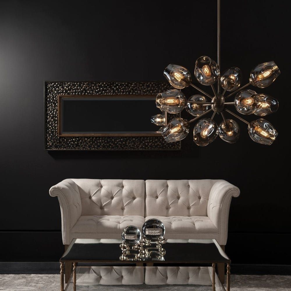 Uttermost Chet Chandelier with sputnik-inspired design featuring smoky glass shades and an antique brass finish.