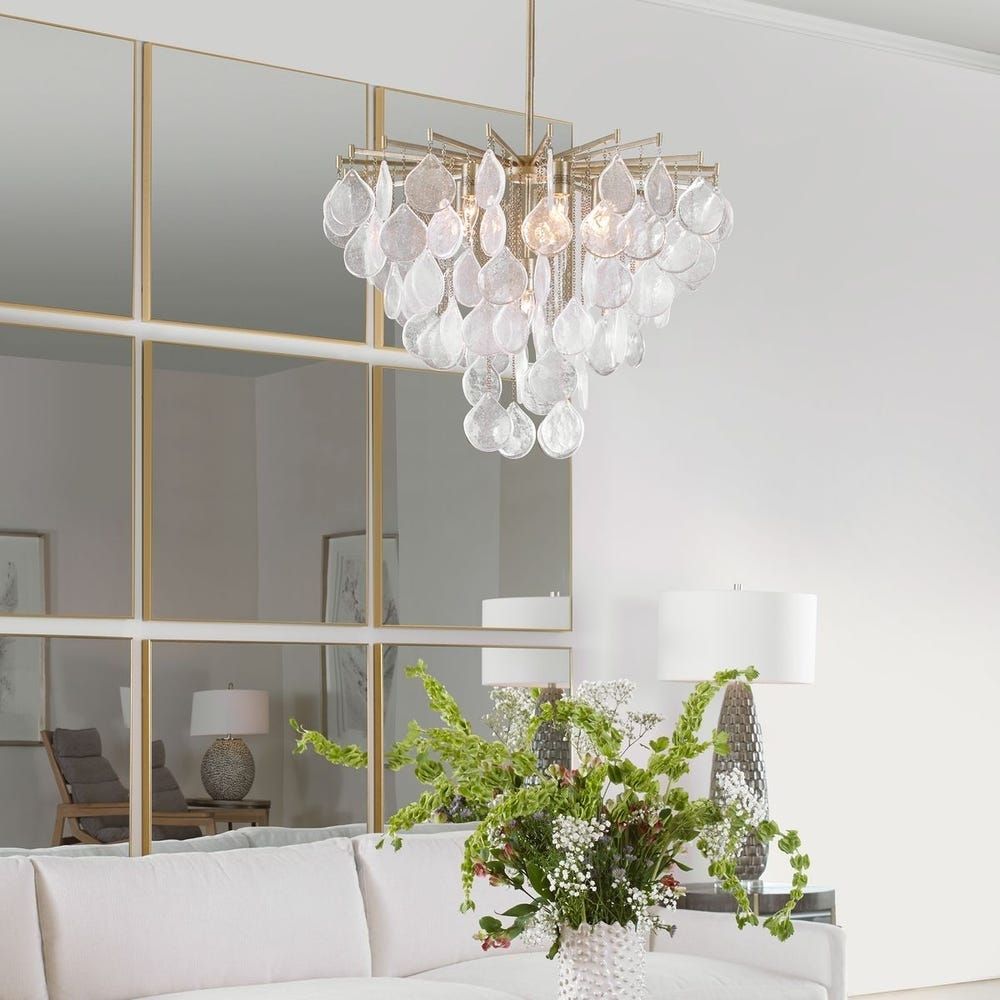 Uttermost Goccia 6 Chandelier with cascading glass drops suspended from silver chains on a brushed nickel frame.