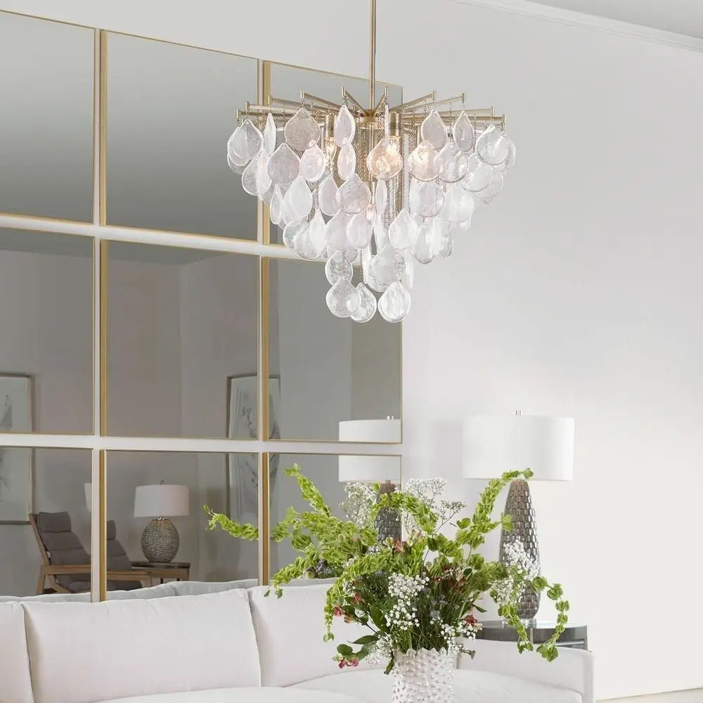 Uttermost Goccia 6 Chandelier with cascading glass drops suspended from silver chains on a brushed nickel frame.