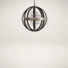 Uttermost Polaris Chandelier with a spherical black iron frame, brushed silver band, and starburst inner light design.