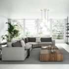 A modern modular sectional sofa in neutral beige with a built-in walnut storage table and chaise lounge.
