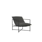 A modern lounge chair featuring a slim black metal frame and deep charcoal grey cushioned seat and backrest.