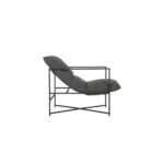 A modern lounge chair featuring a slim black metal frame and deep charcoal grey cushioned seat and backrest.