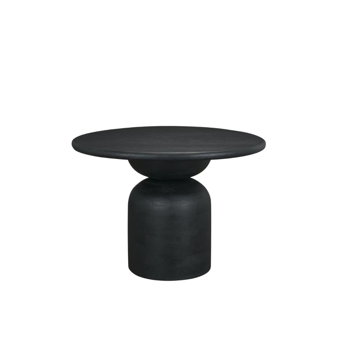 Modern round black dining table with sculptural pedestal base and smooth wood finish.