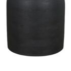 Modern round black dining table with sculptural pedestal base and smooth wood finish.