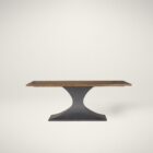 Rectangular wood dining table with a sculptural black pedestal base and rustic finish.