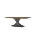 Rectangular wood dining table with a sculptural black pedestal base and rustic finish.