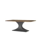 Rectangular wood dining table with a sculptural black pedestal base and rustic finish.