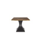 Rectangular wood dining table with a sculptural black pedestal base and rustic finish.