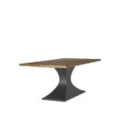 Rectangular wood dining table with a sculptural black pedestal base and rustic finish.