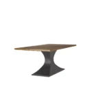 Rectangular wood dining table with a sculptural black pedestal base and rustic finish.