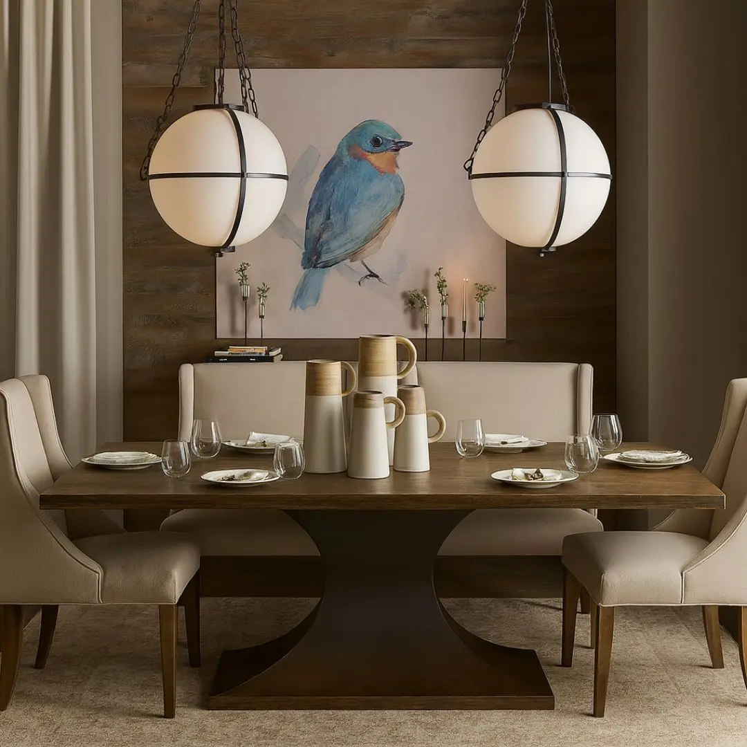 Rectangular wood dining table with a sculptural black pedestal base and rustic finish.