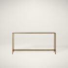 Slim console table with a white marble top and gold metal frame.