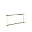 Slim console table with a white marble top and gold metal frame.