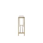 Slim console table with a white marble top and gold metal frame.
