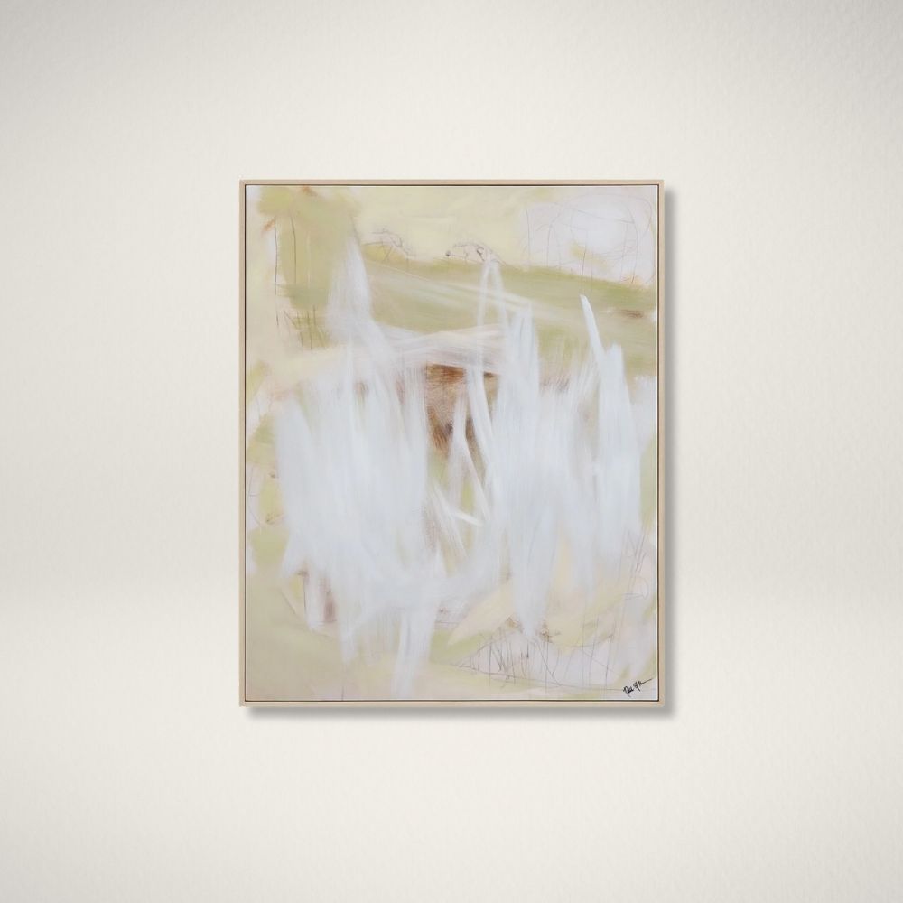 Renwil Bonnet Abstract Wall Art Abstract wall art featuring soft earthy tones of beige, cream, and muted green with expressive white brushstrokes, framed in a slim profile.