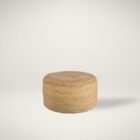 Round woven pouf in natural jute fiber with a casual, textured look.