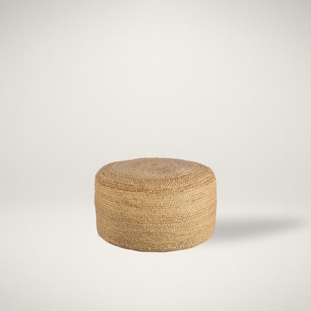 RN CLENDON Round woven pouf in natural jute fiber with a casual, textured look.