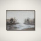 A serene landscape wall art piece featuring soft neutral tones of grey, beige, and white with a misty treeline reflected on calm water, framed in a slim border.