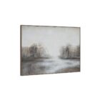 A serene landscape wall art piece featuring soft neutral tones of grey, beige, and white with a misty treeline reflected on calm water, framed in a slim border.