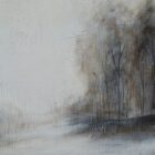 A serene landscape wall art piece featuring soft neutral tones of grey, beige, and white with a misty treeline reflected on calm water, framed in a slim border.