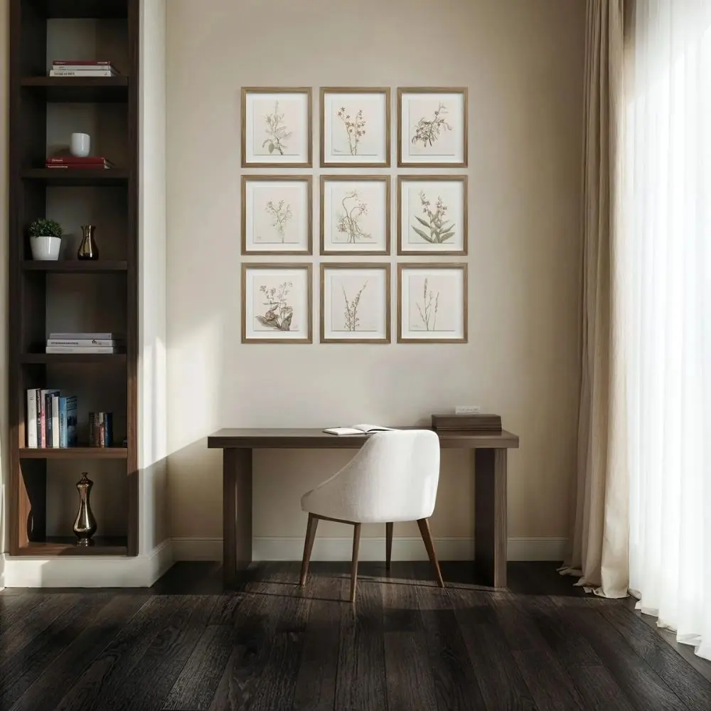 A set of nine framed botanical prints featuring delicate floral illustrations in muted tones, each with a natural wood frame arranged in a grid layout.