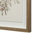 A set of nine framed botanical prints featuring delicate floral illustrations in muted tones, each with a natural wood frame arranged in a grid layout.