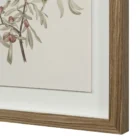 A set of nine framed botanical prints featuring delicate floral illustrations in muted tones, each with a natural wood frame arranged in a grid layout.