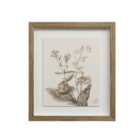 A set of nine framed botanical prints featuring delicate floral illustrations in muted tones, each with a natural wood frame arranged in a grid layout.